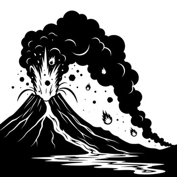 Dramatic black and white illustration of a powerful volcano eruption with smoke, ash, lava flow, and fiery projectiles.