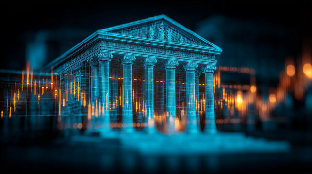 Digital bank building hologram with financial chart representing fintech and market analysis concept.
