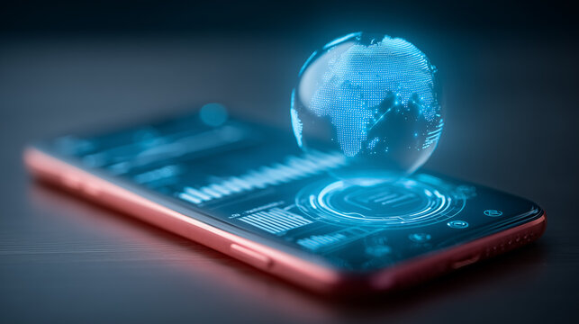 Smartphone with holographic globe and dashboard representing global connectivity and mobile analytics concept.
