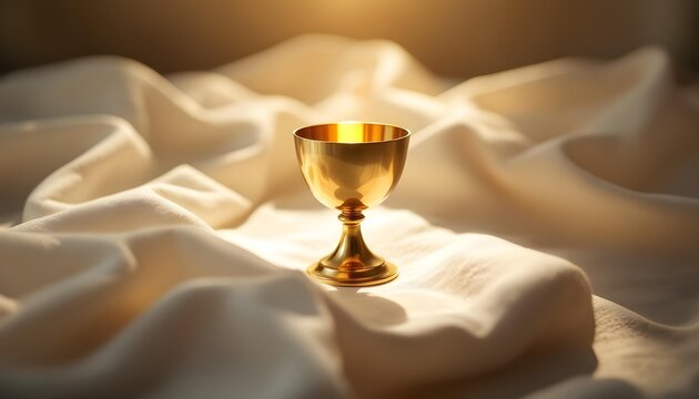 Golden chalice on white linen altar cloth in warm natural light, subtle metallic reflections, Eucharist and Holy Communion concept, clean sacred composition, loop-ready.
