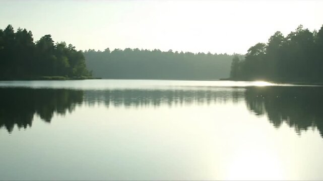 Ambient Natural Beauty An establishing shot of a pristine lake, emphasizing its clean, natural background and the subtle illumination from above, devoid of any man-made structures.