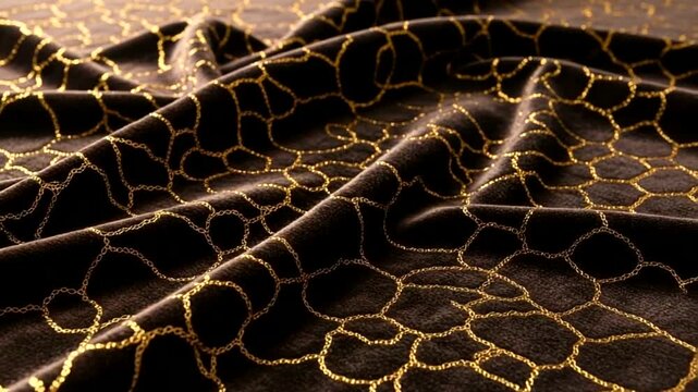 Luxurious dark fabric with golden giraffe pattern flowing and rippling.