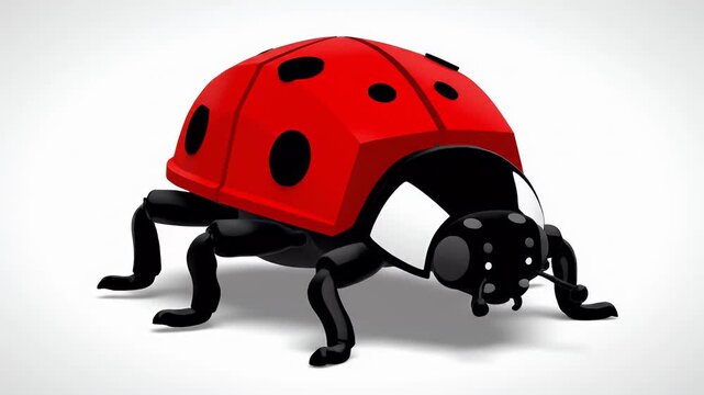 A bright red and black ladybug with glossy shell and black legs, presented in a 3D digital illustration on a white background