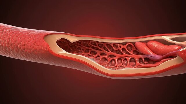 3D rendering of an artery cross-section with severe internal blockage, illustrating dangerous plaque buildup or a thrombus causing restricted blood flow