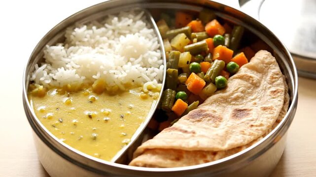 Indian takeaway food in metal container, rice, dhal, vegetables and naan bread