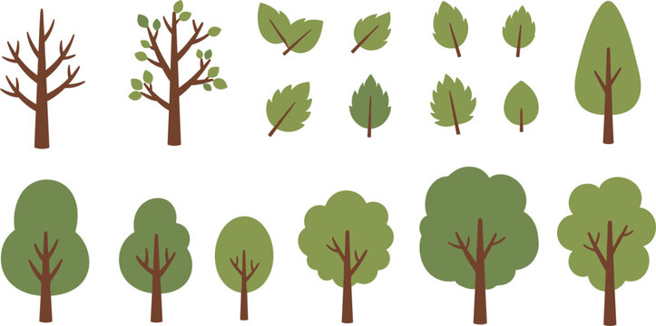 tree; trees; leaf; leaves; foliage; plant; plants; nature; forest; garden; botanical; greenery; branch; trunk; bare; lush; flora; outdoor; vector; illustration; set; collection; flat; handdrawn; 