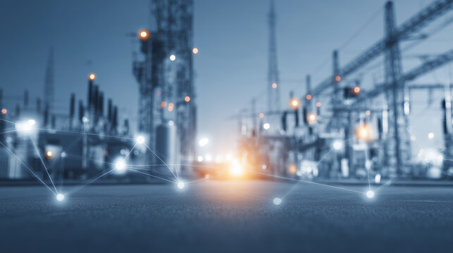 Industrial power facility with connected nodes representing smart grid monitoring, industrial analytics, and critical infrastructure security.
