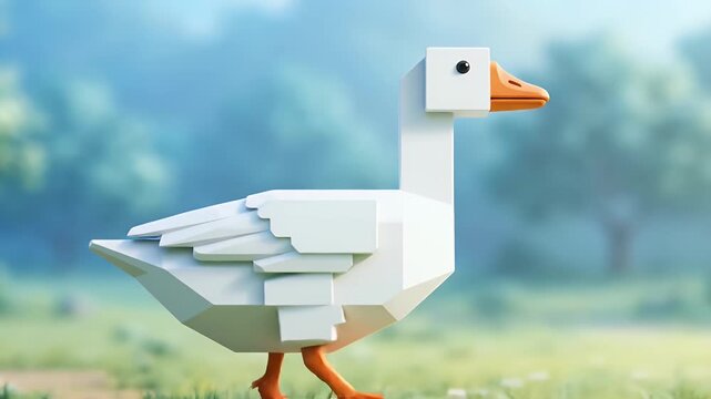 A charming low-poly cartoon illustration of a white goose with orange beak and feet standing in a grassy field with trees in the background
