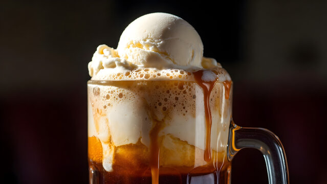 Classic Root Beer Float with Vanilla Ice Cream and Foamy Bubbles in Tall Mug