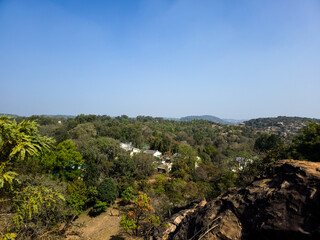 Vast Green Landscape Under Clear Blue Sky with Distant Mountain View