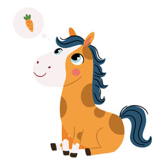 Cute children's illustration, a cute horse sitting and dreaming about a carrot. Flat vector illustration. . Vector illustration