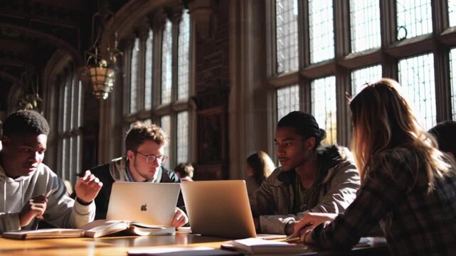 Lifestyle stock of international students collaborating in a modern  university setting.