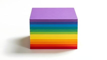 Colored paper stacks arranged in a neat line showing a gradient from purple to red in a workspace setting