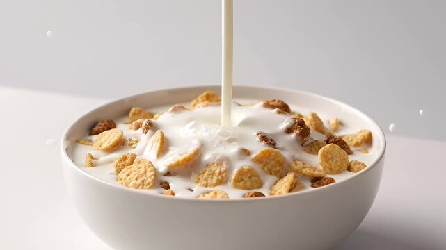 Pouring Milk on Cereal Breakfast Bowl | Healthy Morning Food Product Shot