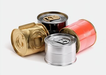 Four colorful, cylindrical metal food containers, each with pull-tab lid, on white