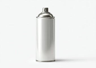 Isolated, upright spray can with a metallic nozzle and cap, plain white body
