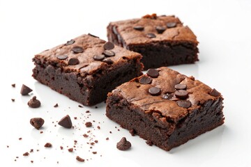 Homemade Chocolate Brownies with Chocolate Chips on White Background