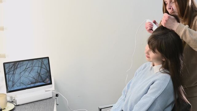 Trichologist examining scalp with digital dermatoscope, close up of hair and skin analysis on screen. Woman specialist performing hair diagnostics procedure in modern clinic, medical consultation conc