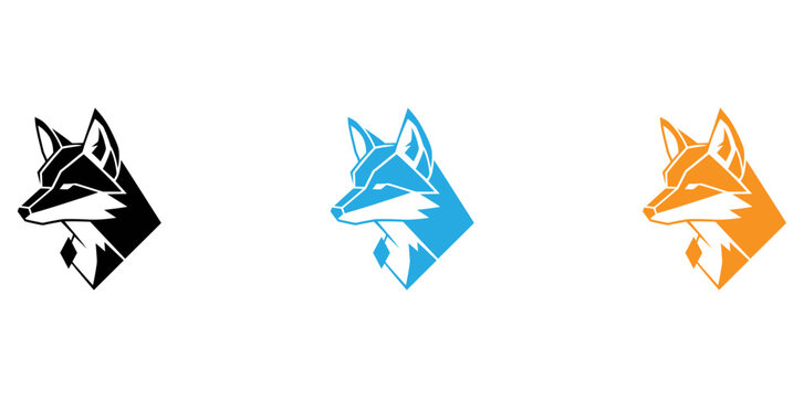 Three stylized fox heads in different color schemes representing a tech mascot evolution isolated on transparent background, Vector