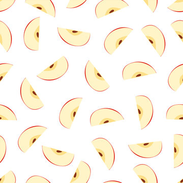 A minimalist vector seamless pattern of fresh red apple slices on a white background. This flat illustration is perfect for fabrics, wrapping paper, packaging, wallpaper, and food design projects.