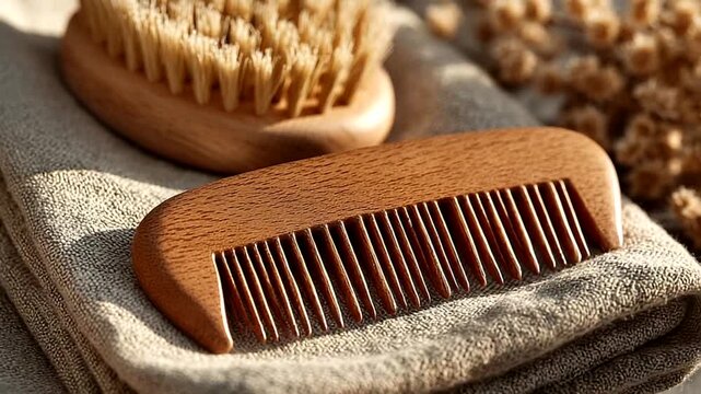 Wooden comb and brush on textured fabric background