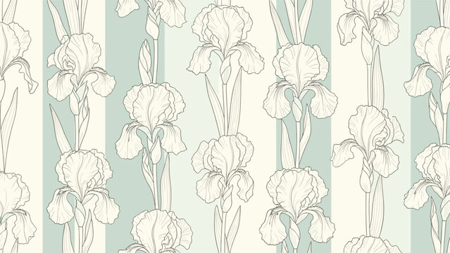 Elegant seamless pattern of iris flowers in delicate line art style arranged in vertical rows on a blue and white striped background.