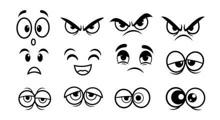 Collection of Cartoon Faces and Eyes with Various Emotions.