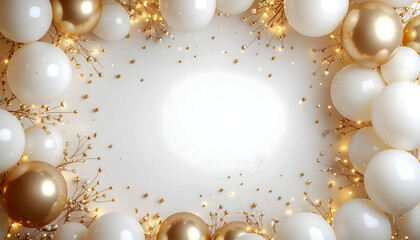 Festive Balloon Delight: An elegant arrangement of gold and white balloons creates a celebratory border, perfect for conveying a sense of joy and occasion.