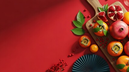 Vibrant fruit arrangement on red background