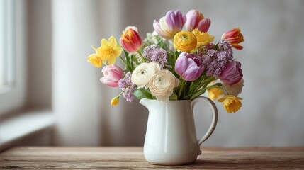 Bright airy still life of fresh spring flowers in a white ceramic jug on a wooden table with soft daylight from a window