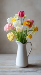 Bright still life with fresh spring flowers in a white jug on a wooden table during daytime with soft shadows and a neutral background