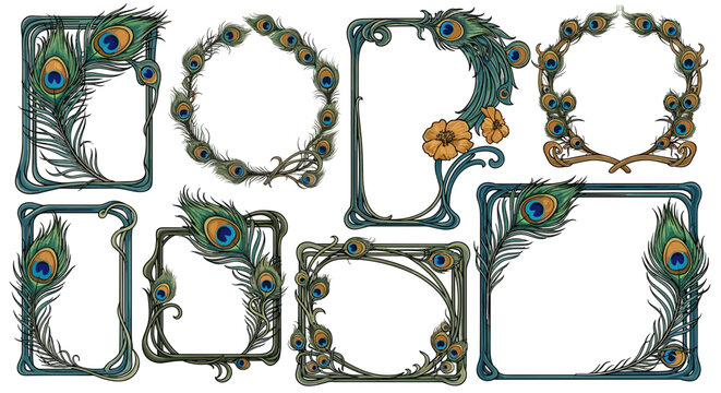 Decorative vintage frames with peacock feather motifs and ornate design