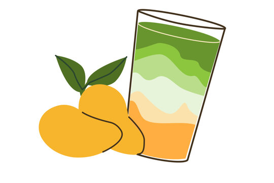 Matcha drink with mango. Healthy smoothy. Mango with matcha latte. Japanese cold drink.