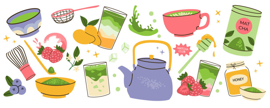 Vector matcha tea elements set. Flat cartoon illustration isolated on white. Japanese hot drink collection. Matcha tea stickers set with oat milk, matcha powder, honey and mango, strawberry.