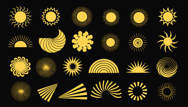 Very beautiful collection of yellow sun icons displaying full sun, half sun, radiant sunrise, and glowing sunlight beams in flat vector style, ideal for summer branding and solar energy visuals.