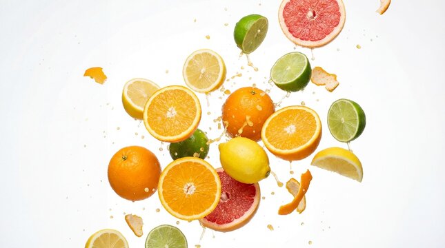 Citrus fruit slices, including orange, lemon, lime, and grapefruit, splash in midair with juice droplets, creating vibrant and refreshing composition on white background