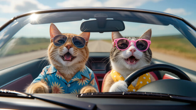 Two stylish cats driving convertible car on sunny road trip. Funny anthropomorphic summer travel and vacation concept.