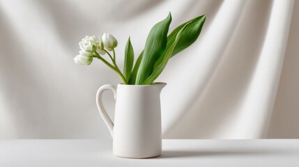 Minimal still life of spring flowers in a ceramic jug on a light background with soft diffusion and clean composition