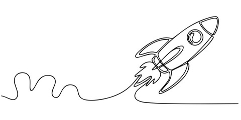 Fototapeta premium Rocket one line art minimalist continuous drawing vector illustration, One continuous line drawing of simple retro spacecraft flying up to the outer space nebula. Rocket space ship launch into.