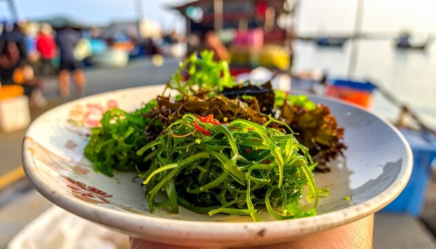 ibrant plate of assorted fresh edible seaweeds, concept of blue economy food, ocean superfoods and sustainable marine diet.