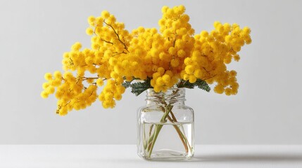 Bright yellow mimosa flowers in a glass jar on a white background with soft shadows and negative space for design