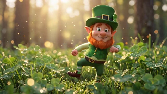 A cheerful 3d leprechaun character dancing in a sunlit clover field. Magical atmosphere with golden sparkles, sun rays, and soft bokeh in a lush forest background.