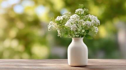 Outdoor still life of a vase with spring flowers on a garden table capturing golden hour light and soft background blur