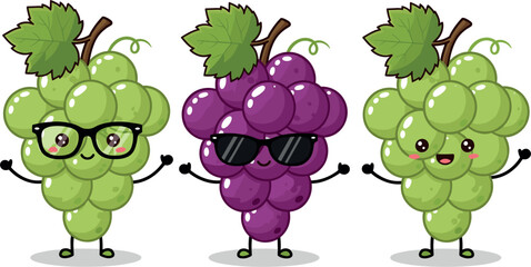 Cute cartoon grape characters set with funny faces green and purple fruit mascots isolated on white background © Danial