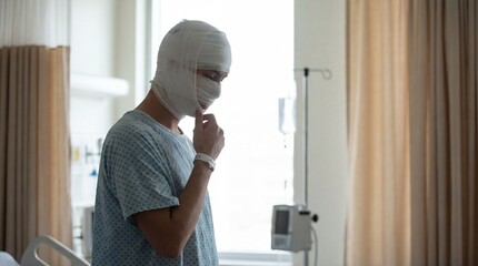Young man with bandaged face in hospital gown standing in room  