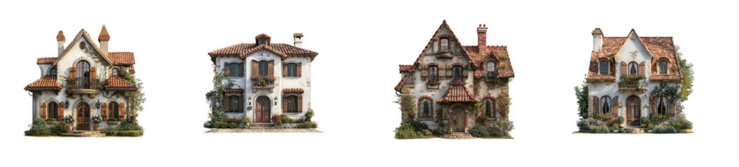 Charming old European style houses with rustic facades, terracotta roofs, and climbing ivy on white background isolated on transparent background