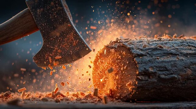 An axe strikes a wooden log with force, creating a spray of wood chips and glowing sparks in dramatic lighting.