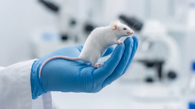 White lab mouse standing on gloved hand in laboratory setting  
