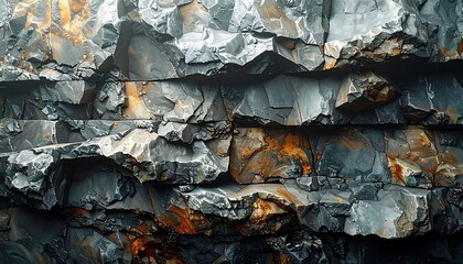 Close-up of layered, fractured rocks with varied shades of gray, enhanced with rusty orange hues and textures, suggesting natural processes