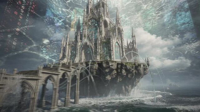 Floating‑island cathedral where slow‑motion tides lap the steps, stained glass casting moving oceanic patterns into the sky, salt‑weathered stone, warm cinematic scale.
